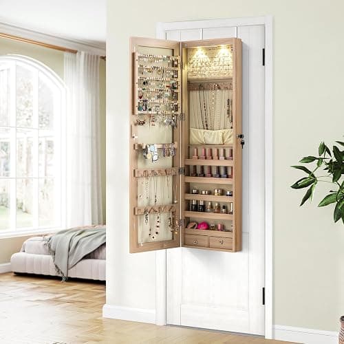 Giantex Wall or Door Mounted Jewelry Armoire with 47.5" Full Length Mirror, Lockable Cabinet with 2 LED Lights, 2 Drawers, Over the Door Large Jewelry Storage Organizer (Light Oak) thumbnail 2