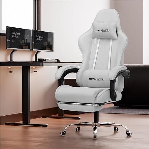 GTPLAYER Gaming Chair with Footrest, Computer Chair with and Lumbar Support, Height Adjustable Game Chair with 360°-Swivel Seat and Headrest and for Office or Gaming (All Light Gray-Fabric) thumbnail 2