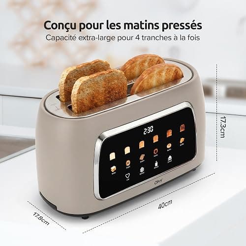 Olvy Grille Pain Electrique Ecran LCD Minuteur | 1 Appareil | Beige 4 Fentes 1500W Decongelation | Petit Dejeuner Familial | Toaster Fentes Larges Ramasse Miettes thumbnail 3