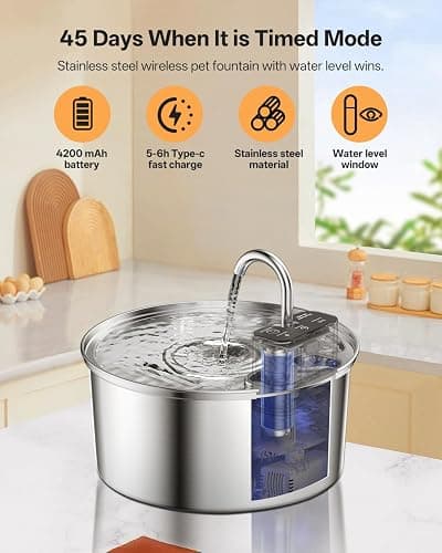 Wireless Cat Water Fountain for Drinking, VinDox 108oz/3.2L Stainless Steel Pet Water Fountain 20dB Ultra-Quiet 4200mAh Battery Operated with Motion Sensor for Cats & Dogs thumbnail 3