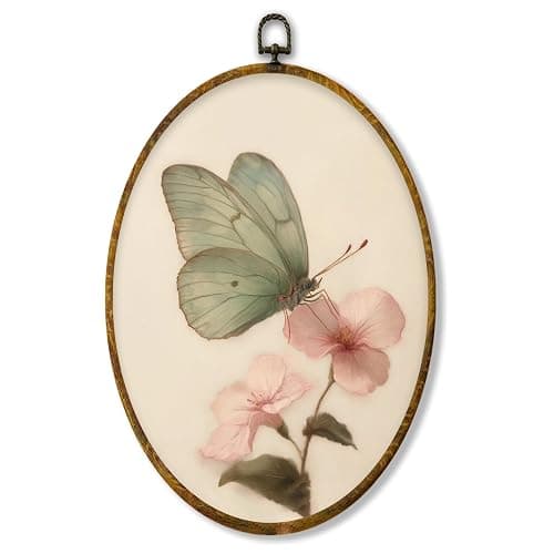Hiuwevt Green Butterfly Oval Wall Art Decor, Vintage Pink Floral Butterfly Moth Framed Canvas Prints, Retro Cottagrcore Floral Round Wall Hanging Decor for Bedroom Home Decorations, 8.6x11.4 Inches - Image 1