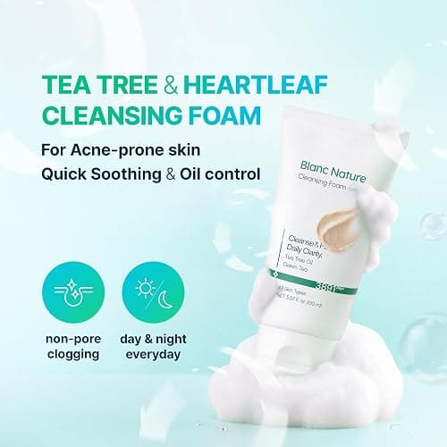 BLANC NATURE Cleansing Foam, Tea Tree Pore Deep Facial Cleanser for Oily & Sensitive Skin, Centella Asiatica, Green Tea, Korean Skincare, 5.07 fl oz (150 ml) thumbnail 2