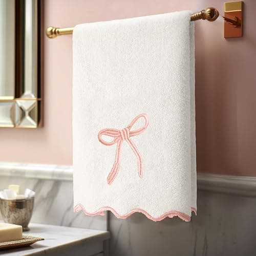 Fanfanwin 2 Pcs White Bow Scalloped Hand Towels for Bathroom 26 x 13 Inch | Soft Embroidery Farmhouse Bath Towels 100% Cotton Absorbent Boho Coquette Bath Decor for Kitchen Bathroom thumbnail 5