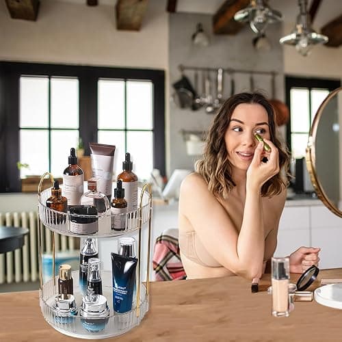 Asayuee 360 Rotating Makeup Organizer,2 Tier Large Capacity Make Up Organizers and Storage,Skincare Perfume Vanity Organizers,Bathroom Cosmetics Storage Organizer Countertop(Clear-2 Tier) - White - 2 Tier thumbnail 6