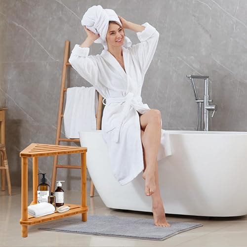 Bamboo Corner Shower Stool,2-Tier Waterproof Shower Stool for Inside Shower Shaving Leg,Small Spaces,Shower Foot Rest with Storage Shelf,Shower Bench,Bath Seat,Corner Nightstand gift for women mom thumbnail 2