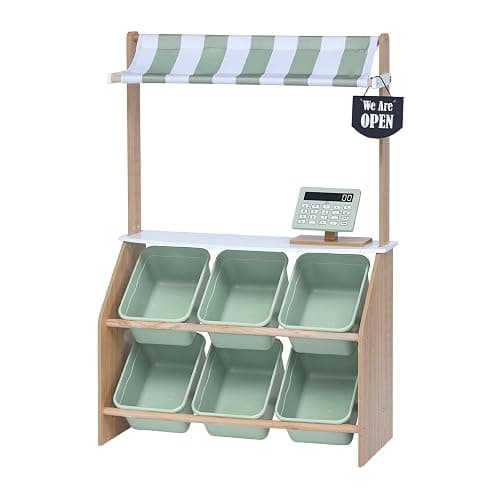 Teamson Kids Little Helper Wooden Farmer's Market Stand with Pretend Cash Register and 6 Plastic Storage Bins, Green, TD-13638A-AMZ - Image 1