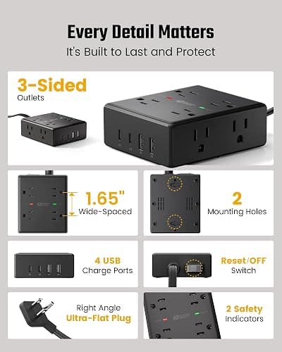 10Ft Extension Cord with Multiple Outlets, Flat Plug Power Strip Surge Protector with 10 Ft Long Cord, 8 Outlet 4 USB Ports (2 USB C), Multi Outlet Wall Plug for Office, College, Dorm Room Essentials thumbnail 8