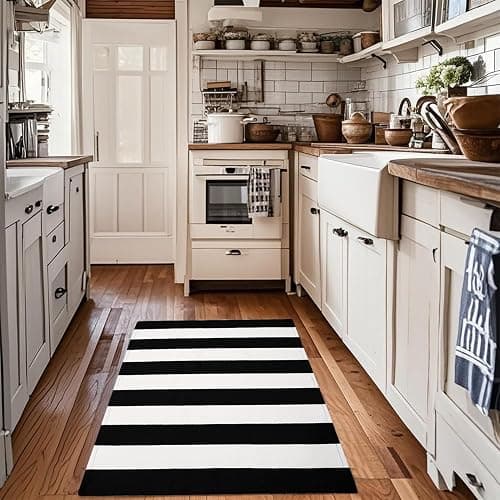 HEHJIPY Black and White Striped Outdoor Rug 27.5'' x 43'' Front Door Rug,Washable Cotton Woven Indoor/Outdoor Small Area Rugs,Layering Rug Door Mats for Front Porch/Entryway/Front Door Decor thumbnail 8