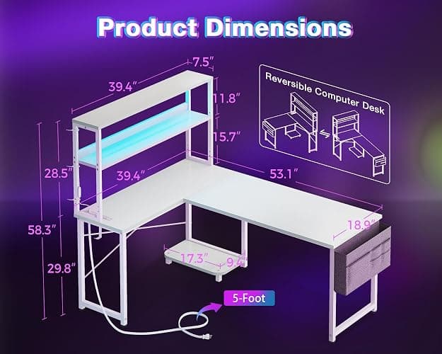 AODK L Shaped Desk Gaming Desk with LED Light & Power Outlet, 53 Inch Reversible L Shaped Computer Table with Shelf, Corner Desk with Storage Bag&Hook for Home Office Desk, White thumbnail 3