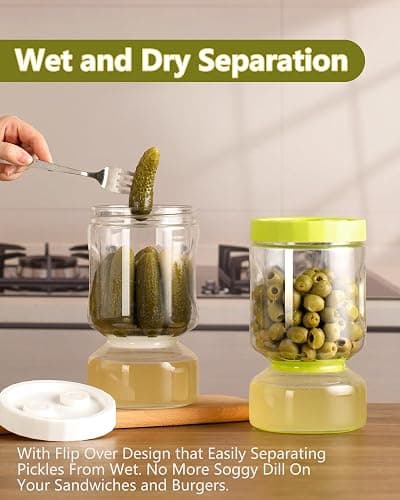 ZENS Glass Pickle Jar with Strainer Flip, 2 Pack Pickle Container Olive Hourglass Jars, Airtight Pickle Juice Separator from Wet and Dry, Pickles Storage Jar 51oz-Green & White thumbnail 5