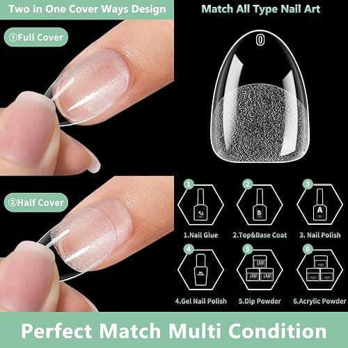 Extra Short Almond Nail Tips, 216pcs Acrylic Soft Fake Nails Gel Nail Tips, Full Cover Pre-Shaped Matte Clear Press on Nails for Extension, Diy at Home Manicure 12 Sizes thumbnail 7