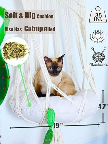 KARCEEY Macrame Cat Hammock Hanging Cat Bed with Catnip Cushion and Hanging Kit (1.Macrame Hammock with Bed) thumbnail 2
