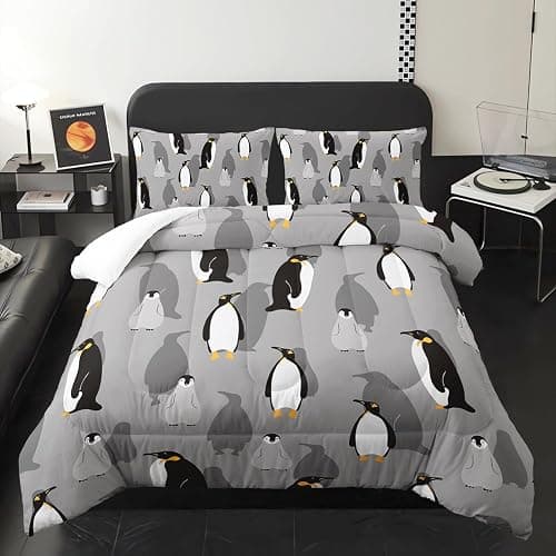 XYNHML Cartoon Penguin Comforter 3Pcs Queen Antarctic Wild Animal Bedding Set for Kid Teen Girl Boy Adult Grey White Black Cute Penguins Wild Safari Quilt Bed Decor with 1 Comforter and 2 Pillowcases thumbnail 3