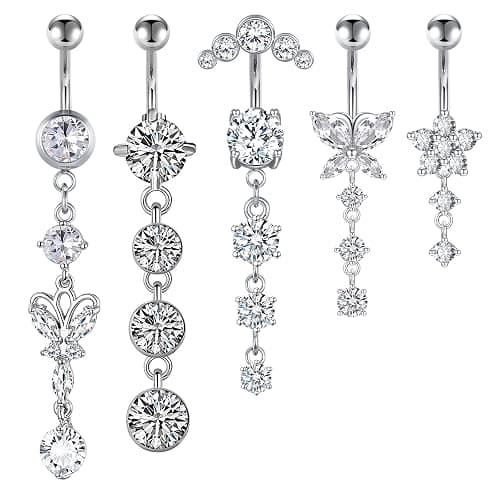 LAURITAMI 14G Dangle Belly Button Rings Set Navel Piercing Jewelry - Smooth Edges for Summer Outfits, 1.6mm Silver Tone CZ Butterfly Heart Flower Rings 5 Pcs - Image 1
