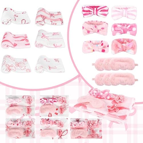 WAYASDCU 30 Pcs Sleepover Party Supplies for Girls, 6 Style Cute Pink Bow Blanket 6 Hair Clips 6 Hair Ties 6 Plush Pink Eye Mask Cover 6 Coral Fleece Spa Headband for Slumber Party Supplies for Girls thumbnail 2