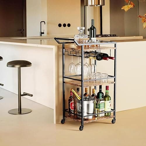 LOTEYIKE 3 Tier Bar Cart, Mini Liquor Utility Cart for Wine Beverage Dinner Party, Rolling Wine Coffee Drink Serving Cart with Lockable Wheels for Home Kitchen Bars (Rustic Brown) thumbnail 5