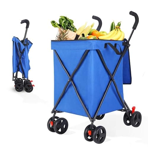 Folding Shopping Cart with Wheels,Foldable Shopping Cart for Groceries,Large Capacity 120lbs Utility Cart,Hulken Bag with Wheels for Laundry Grocery, Baggage, Picnic (Blue) - Image 1