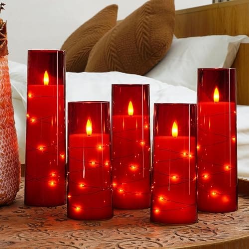Raycare Valentines Day Flameless Candles with Embedded Star String, 5 Pcs Battery Operated Acrylic Pillar Candles with Timer and Remote, LED Candles for Romantic Ambiance and Home Decoration(Red) - Red thumbnail 2