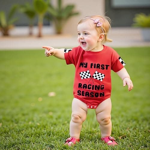KMBANGI My First Racing Season Outfit Newborn Baby Boy Girl Short Sleeve Race Car Checkered Flag Romper Infant Clothing 0-18M thumbnail 3