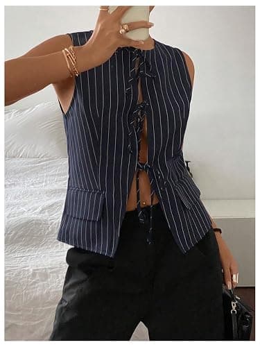 MakeMeChic Women's Striped Bow Tie Front Blouse Crew Neck Sleeveless Vest Top thumbnail 4