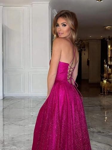 LANGKAAO Corset Prom Dresses Long for Women Sparkly Glitter A-Line Spaghetti Straps Formal Evening Dress with Slit thumbnail 5