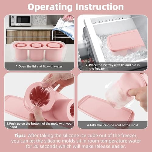 Tcamp Tumbler Ice Mold, Ice Cube Tray for 30 oz -40 oz Tumbler Cup, 3 Pcs Silicone Hollow Cylinder Ice Mold with Lid and Bin for Freezer, Ice Drink, Juice, Whiskey, Cocktail (Pink) thumbnail 6