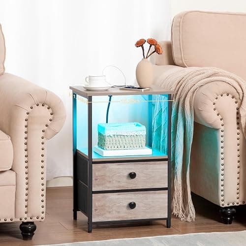 LOAKEKEL Night Stand Set 2, LED Nightstand with Charging Station, End Tables with Storage Shelf, Bedside Table with 2 Fabric Drawers for Bedroom, Small Spaces, Grey HETS02PGY thumbnail 7