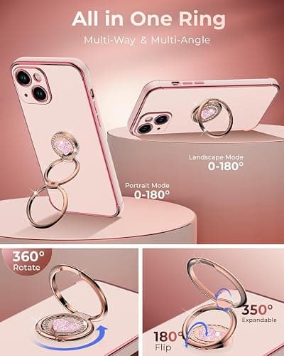 XYZ for iPhone 14 Case with Stand, Phone Case with Double Ring Kickstand, Women Girls Bling Luxury Protective Case Heart for iPhone 14, Pink thumbnail 4