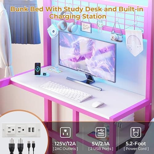 DICTAC Bunk Bed with Desk and Charging Station Metal Loft Bed Twin Size with Led Lights & Storage Shelves and Drawers L-Shaped Twin Over Twin Size Bunk Bed for Teen,Safety Guardrail and Ladder,Pink thumbnail 5