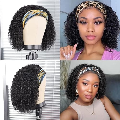 Headband Wig Human Hair,10 Inch Curly Wigs for Black Women,Natural Black | Glueless Headband Wigs,None Lace Front Wig Easy Wear,150% Density Machine Made,Half Wig Human Hair Beginner Friendly thumbnail 2
