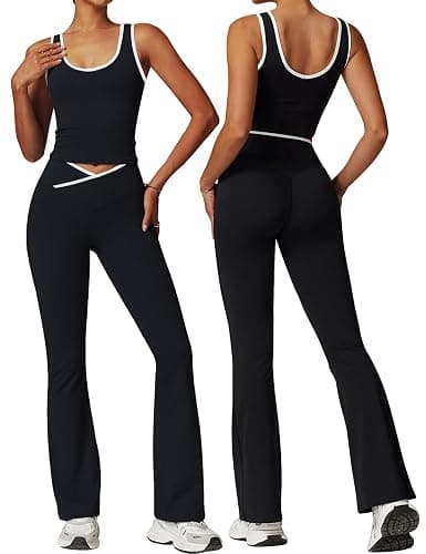 OLCHEE Womens Workout Sets 2 Piece Gym Yoga Outfits Crossover Flare Leggings Crop Tank Top with Contrast Trim - Image 1