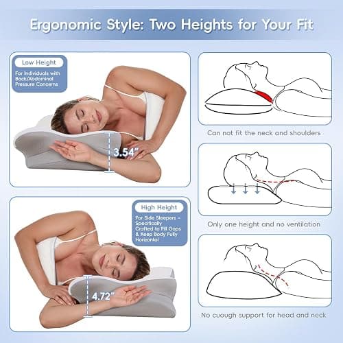 PAYHUIN Cervical Neck Pillow, Memory Foam Pillows for Neck and Shoulder Pain Relief, 2 Heights Ergonomic Pillow with Breathable Ice Silk Cover, Neck Support Pillow for Side Sleepers White thumbnail 4