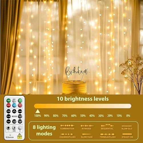 HXWEIYE 300LED Untangled Curtain Lights, 9.8x9.8Ft USB Fairy Twinkle String Lights with Remote and DIY Timer, 8 Modes Window Wall Hanging Light for Bedroom Dorm Backdrop Room Decor, Warm White thumbnail 7