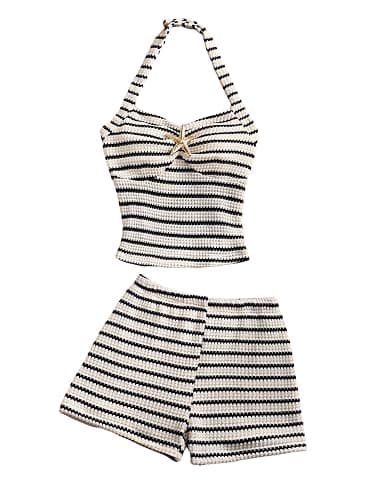 SHENHE Girl's 2 Piece Summer Outfits Striped Knit Halter Top and Shorts Teens Vacation Set - Image 1