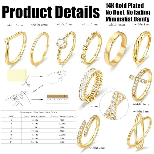 10 PCS 14K Gold Plated Rings Set for Women, Dainty Gold Knuckle Ring Non Tarnish, Simple Thumb Stacking Rings Pack Size 6/7/8/9/10 thumbnail 2
