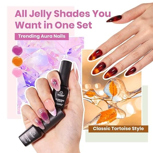 Beetles Jelly Gel Nail Polish Set, 53PCS 36 Colors Jelly Pink Milky White Red Black Blue Green Silver Cat Eye Base Glitter Glossy Matte Top Coat Crystal Ice Collection French Nails Gift for Women thumbnail 5