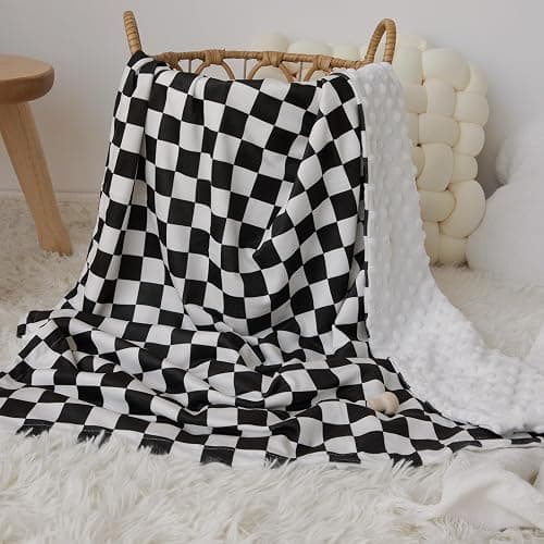 CIVARUA KIDS Checkered Baby Blankets for Boys, Comfy Durable Blanket with Double Layer Dotted Backing Checkerboard Grid Chessboard Gingham Bed Blankets for Newborn Infants Black, 30x40 Inches thumbnail 2