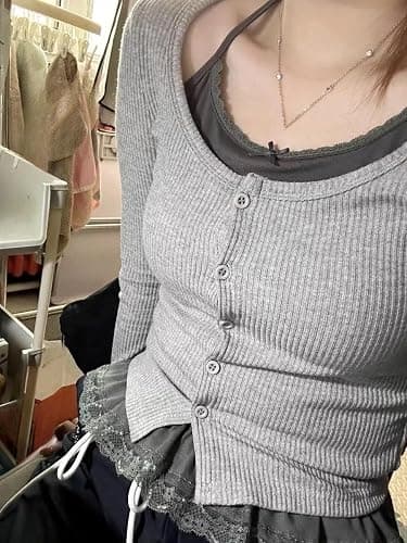 Fake 2 Piece Halter Lace Top Women Vintage Grunge 2000s Mcbling Tshirts 90s Long Sleeve Streetwear Y2k Shirts thumbnail 5