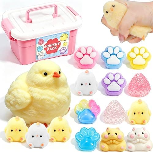 13 Pack Taba Squishy Fun Box Toys Set kit, Cheap Squishies Stress Relief Toys Party Favors for Kids 4-8 8-12, Chick Hamster Paw Strawberry Squishy Squeezee Fidget Toys for Kids - Image 1