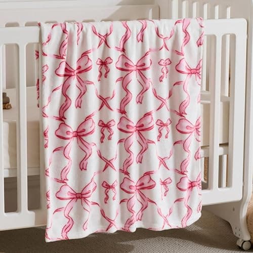Pink Bow Baby Blankets for Girls-Soft Cute Fleece Baby Blanket-Fluffy Infant Newborn Toddler Receiving Blankets for Crib Stroller, Pink Bow Decorate Festivals Birthdays, 30x40 Inches - Image 1