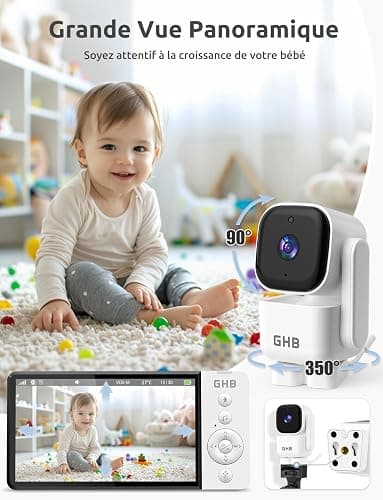 GHB Babyphone Camera Bebe Surveillance 5" LCD Rotation de 350° Baby Phone 2,4 GHz VOX Mode Capteur de Température Communication Bidirectionnelle 8 Berceuses Vision Nocturne sans WiFi thumbnail 4