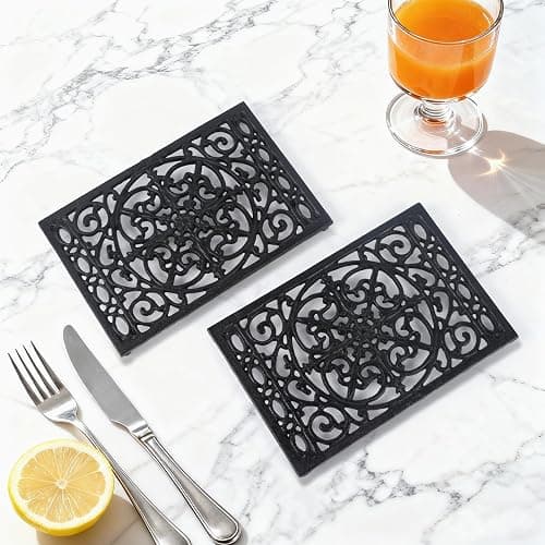 Notakia 9.6 x 6.3 Inch Cast Iron Trivet Set, Large Metal Trivets for Hot Dishes Pots Pans Decorative Kitchen Trivets, Heat-Resistant Trivet Mats for Quartz Countertops, Table Cooktop (Black, 2 Pack) thumbnail 6
