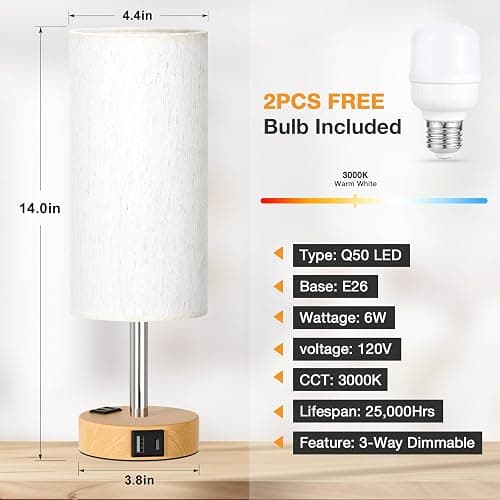Table Lamp for Bedroom Set of 2 - Touch 3 Way Dimmable Bedside Lamps with USB C and A Ports, Night Lamp for Nightstand with AC Outlet, Desk Lamps for Living Room, Reading Room, Kids Room, Office thumbnail 5