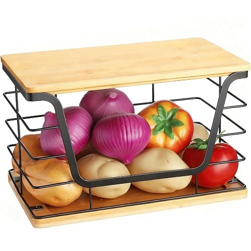 ALOCEO Large Wire Basket for Kitchen Pantry, Stainless Steel Kitchen Counter Organizer for Potato Onion, Trash Bag Dispenser Under Sink with Bamboo Top, Black - Image 1