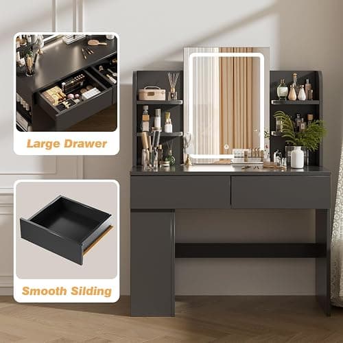 Airfish Dressing Table with LED Light,Vanity Desk with Mirror and Concealed LED Light Strip, MakeUp Desk with Two Drawers and One Sideboard (Black) thumbnail 4