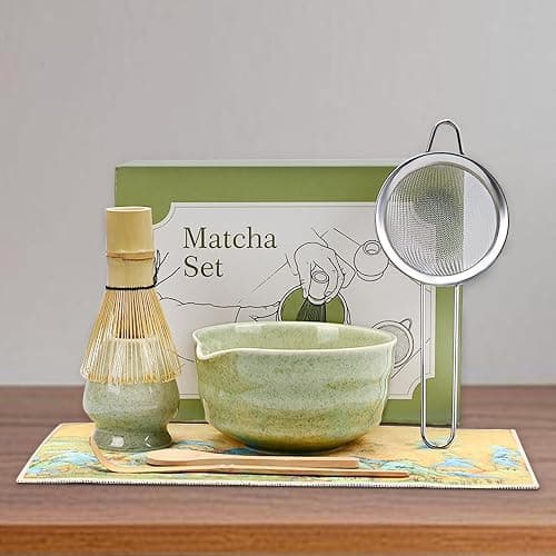 Green Matcha Whisk Making Set - Japanese Tea Kit with Whisk Bowl and Bamboo Scoop Ceramic Chawan with Spout for Traditional Tea Ceremony Complete Matcha Making Tools Gift for Tea Lovers (Green, 5 PCS) thumbnail 2