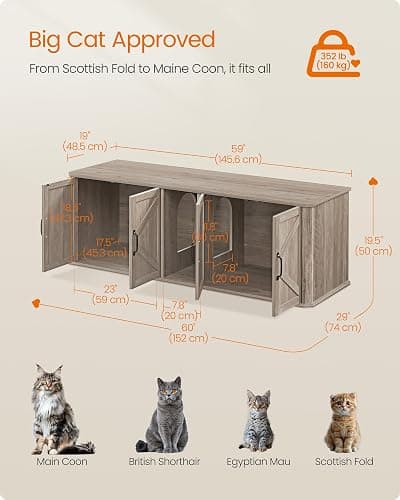 Feandrea Double Cat Litter Box Enclosure, Modern Litter Box Furniture Hidden for 2 Cats, Front Entry, Cat House, Side End Table, TV Stand, 59 x 19 x 19.5 Inches, Heather Griege UPCL010G01 thumbnail 5