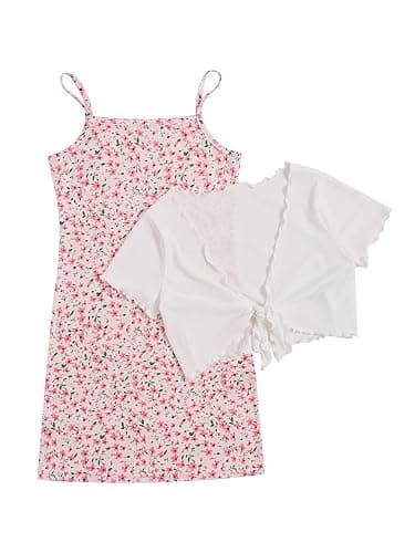 OYOANGLE Girl's 2 Piece Outfits Floral Print Sleeveless Cute Cami Dresses and Short Sleeve Lettuce Trim Tie Front Top Sets - Image 1