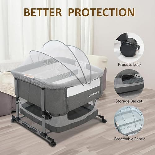 cutebeams Twin Bassinet with 2 Waterproof Sheets & Hanging Diaper Organizer | Bedside Double Bassinet for Twins, Rocking Bassinet for Baby with Storage Basket, Includes Mattress thumbnail 8