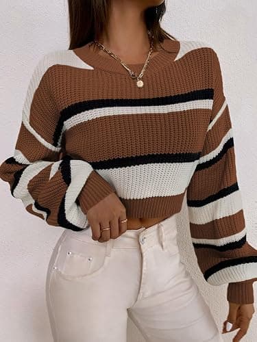 ZAFUL Women's Color Block Striped Sweater Crew Neck Lantern Sleeve Cropped Sweaters Casual Loose Knitted Tops thumbnail 3